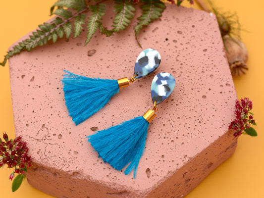 Sky Blue Teardrop Ostrich Feather Tassel Earrings