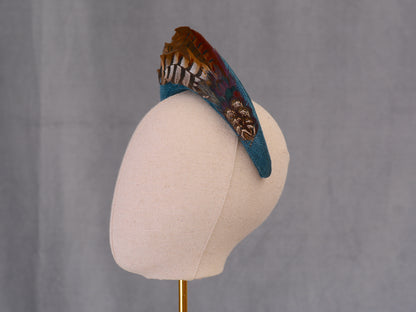 Halo Bandeau Headpiece in Teal with Pheasant Feathers