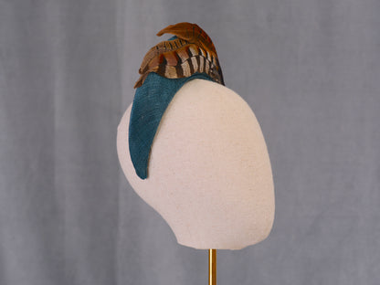 Halo Bandeau Headpiece in Teal with Pheasant Feathers