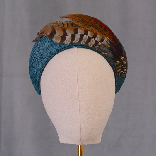 Halo Bandeau Headpiece in Teal with Pheasant Feathers