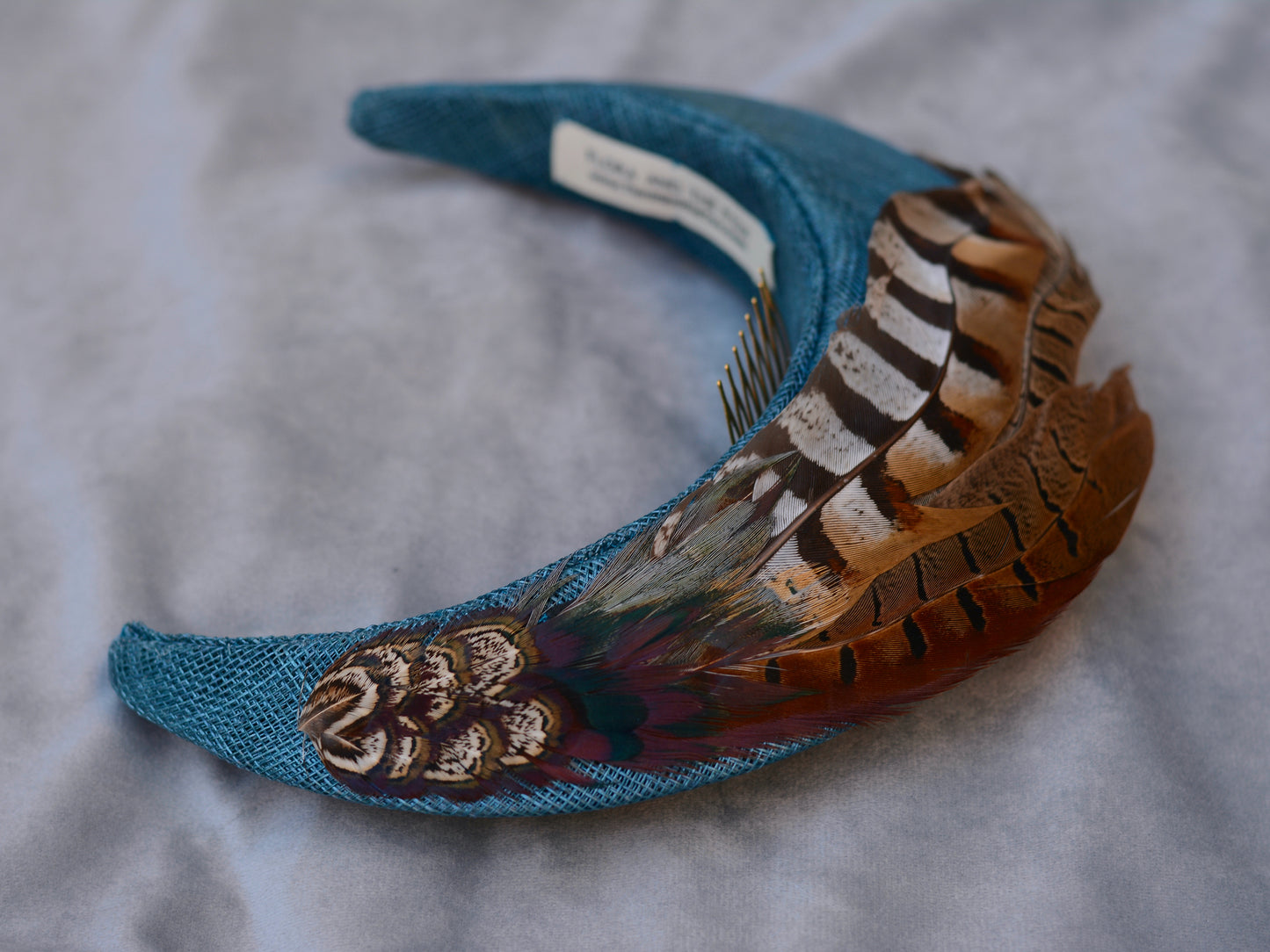 Halo Bandeau Headpiece in Teal with Pheasant Feathers