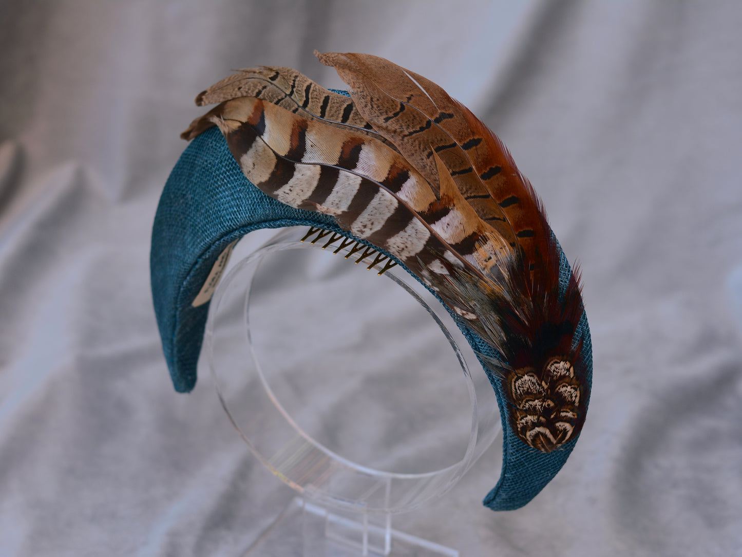 Halo Bandeau Headpiece in Teal with Pheasant Feathers