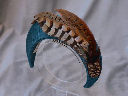 Halo Bandeau Headpiece in Teal with Pheasant Feathers
