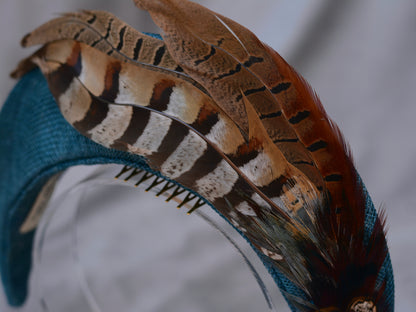 Halo Bandeau Headpiece in Teal with Pheasant Feathers