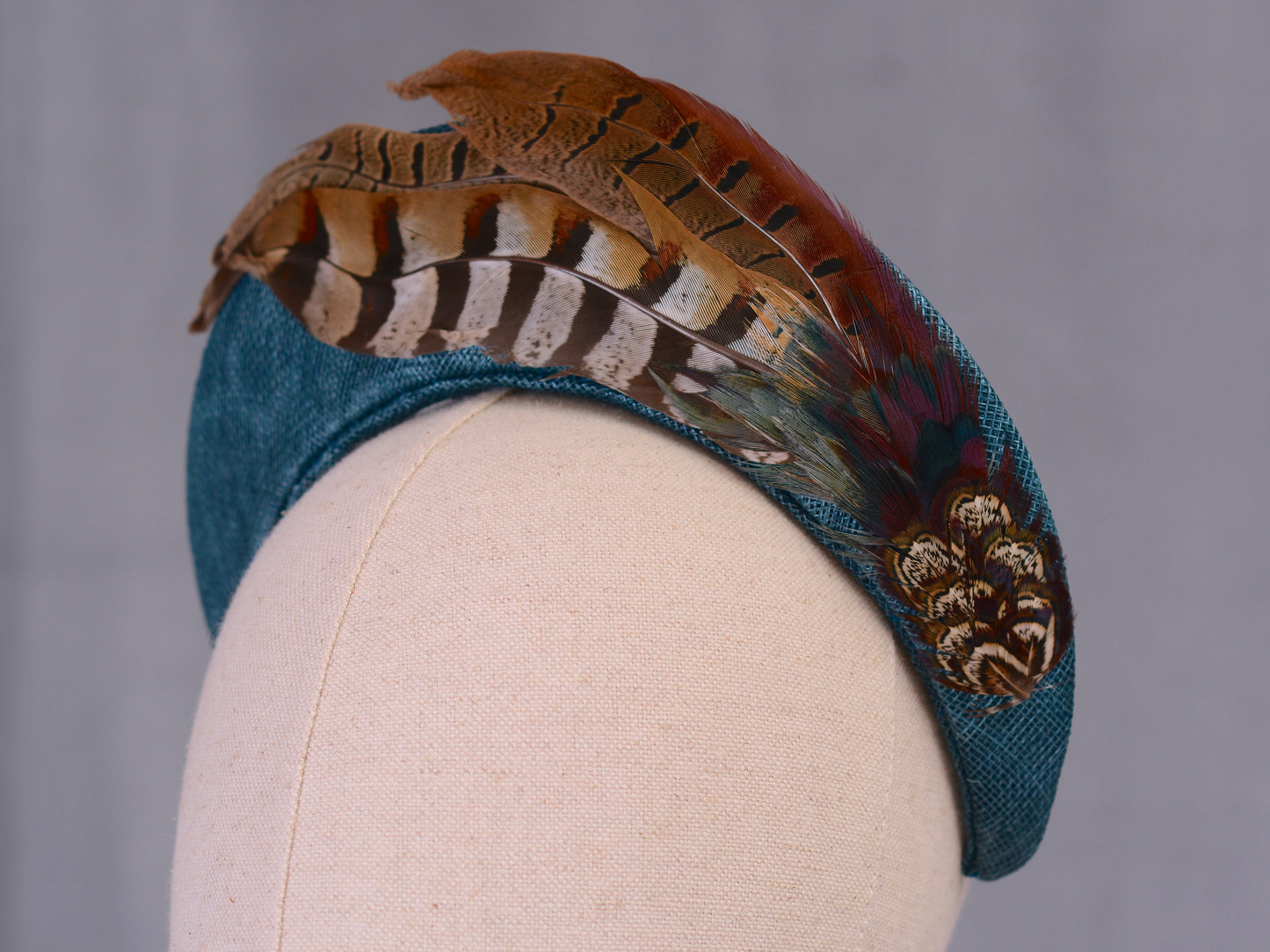 Halo Bandeau Headpiece in Teal with Pheasant Feathers