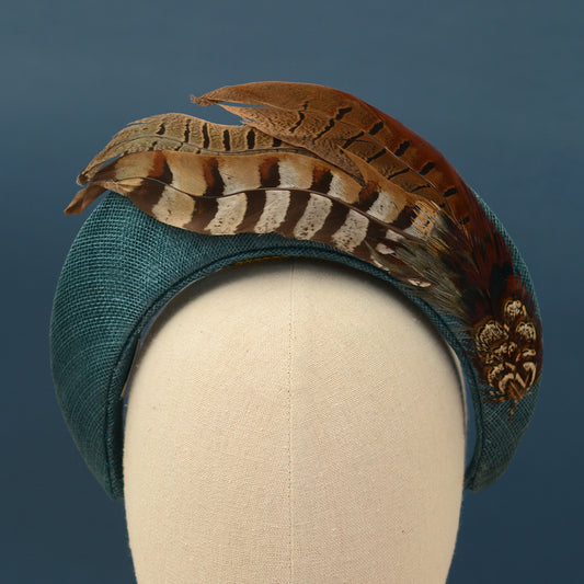 Pheasant Feather and Teal Halo Bandeau Headband Fascinator
