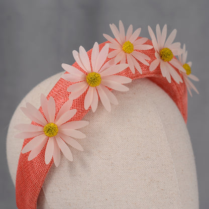 Coral Pink and Sequin Daisy Bandeau Headband Fascinator