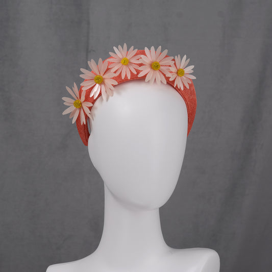 Coral Pink and Sequin Daisy Bandeau Headband Fascinator