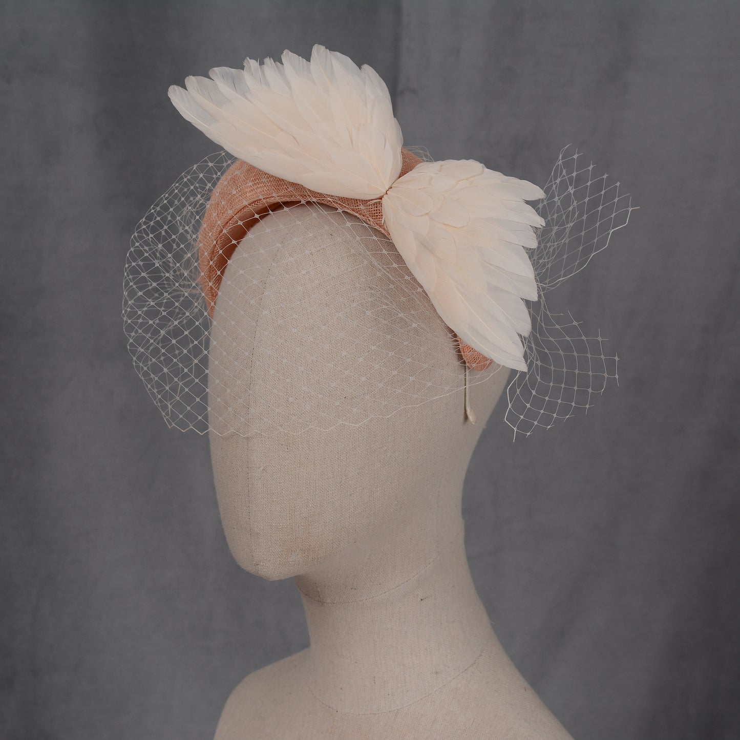 Blush Pink and Ivory Bird Wings Bandeau Headband Fascinator with Ivory Birdcage Veil