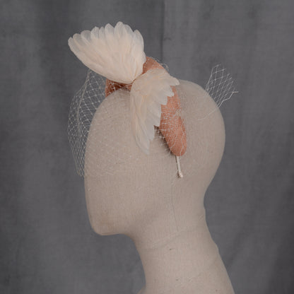 Blush Pink and Ivory Bird Wings Bandeau Headband Fascinator with Ivory Birdcage Veil