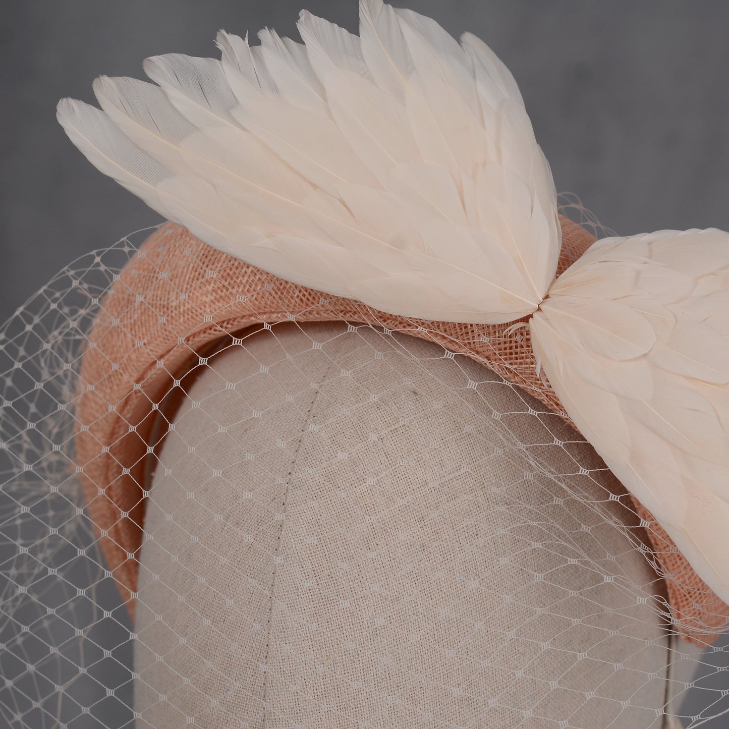 Blush Pink and Ivory Bird Wings Bandeau Headband Fascinator with Ivory Birdcage Veil
