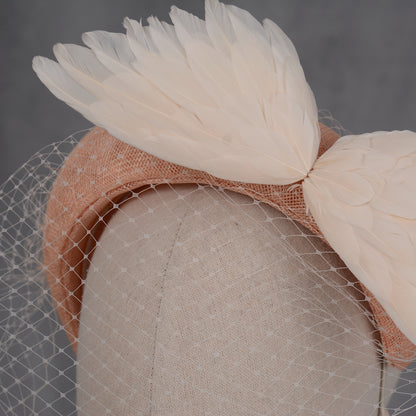 Blush Pink and Ivory Bird Wings Bandeau Headband Fascinator with Ivory Birdcage Veil