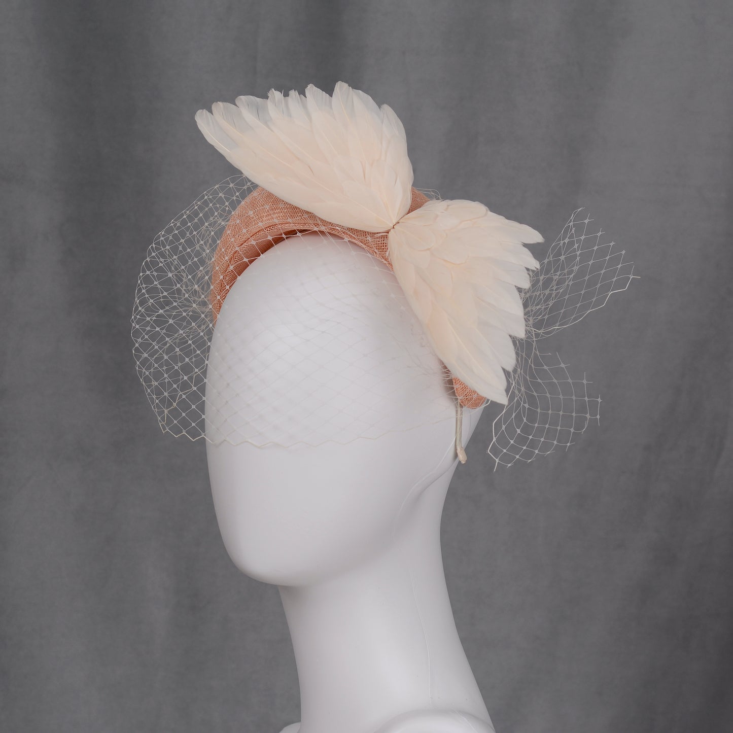 Blush Pink and Ivory Bird Wings Bandeau Headband Fascinator with Ivory Birdcage Veil