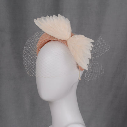Blush Pink and Ivory Bird Wings Bandeau Headband Fascinator with Ivory Birdcage Veil