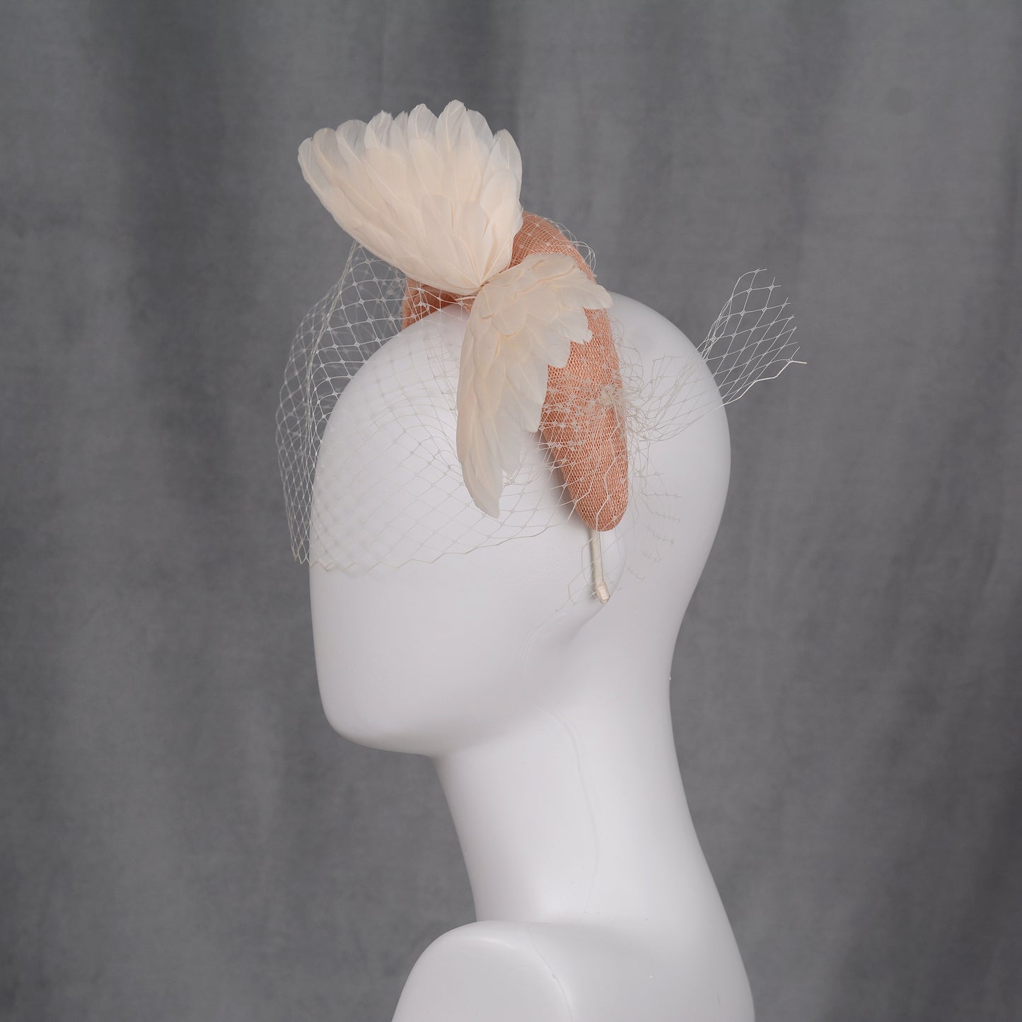 Blush Pink and Ivory Bird Wings Bandeau Headband Fascinator with Ivory Birdcage Veil