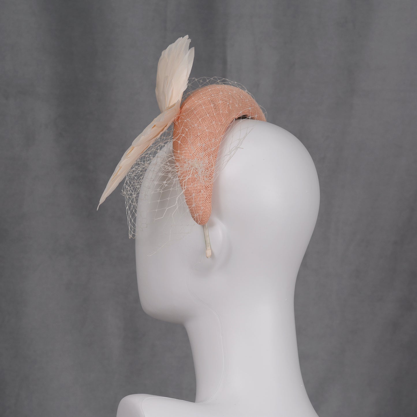Blush Pink and Ivory Bird Wings Bandeau Headband Fascinator with Ivory Birdcage Veil