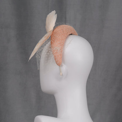 Blush Pink and Ivory Bird Wings Bandeau Headband Fascinator with Ivory Birdcage Veil