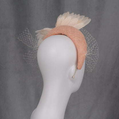 Blush Pink and Ivory Bird Wings Bandeau Headband Fascinator with Ivory Birdcage Veil