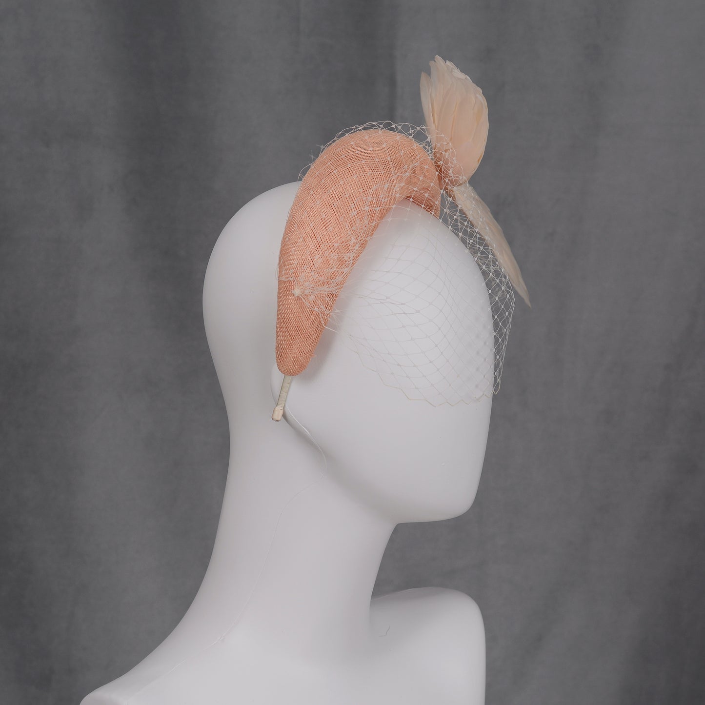 Blush Pink and Ivory Bird Wings Bandeau Headband Fascinator with Ivory Birdcage Veil