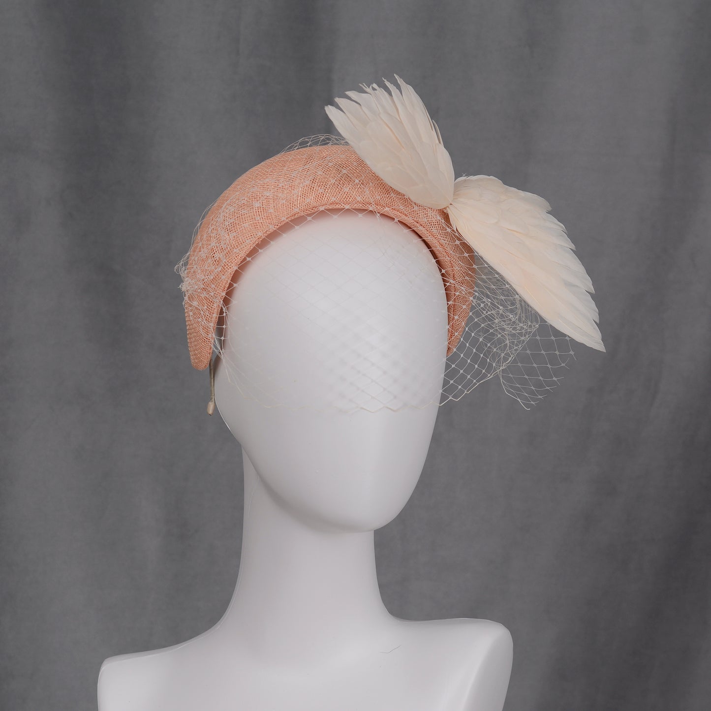 Blush Pink and Ivory Bird Wings Bandeau Headband Fascinator with Ivory Birdcage Veil