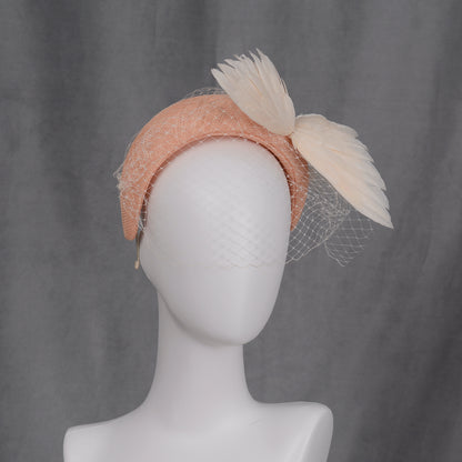 Blush Pink and Ivory Bird Wings Bandeau Headband Fascinator with Ivory Birdcage Veil