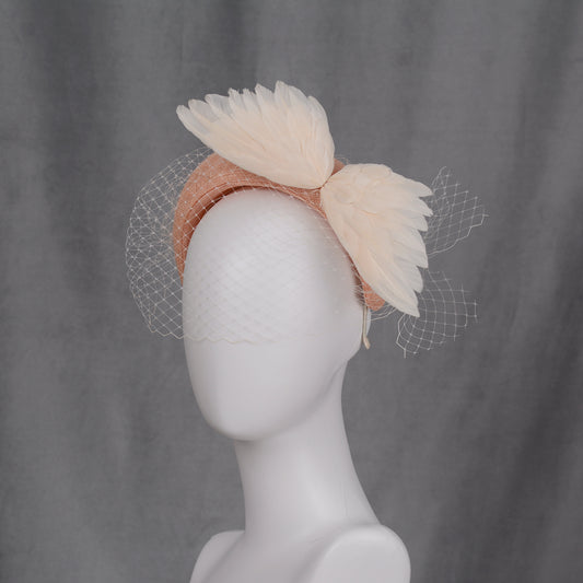 Blush Pink and Ivory Bird Wings Bandeau Headband Fascinator with Ivory Birdcage Veil
