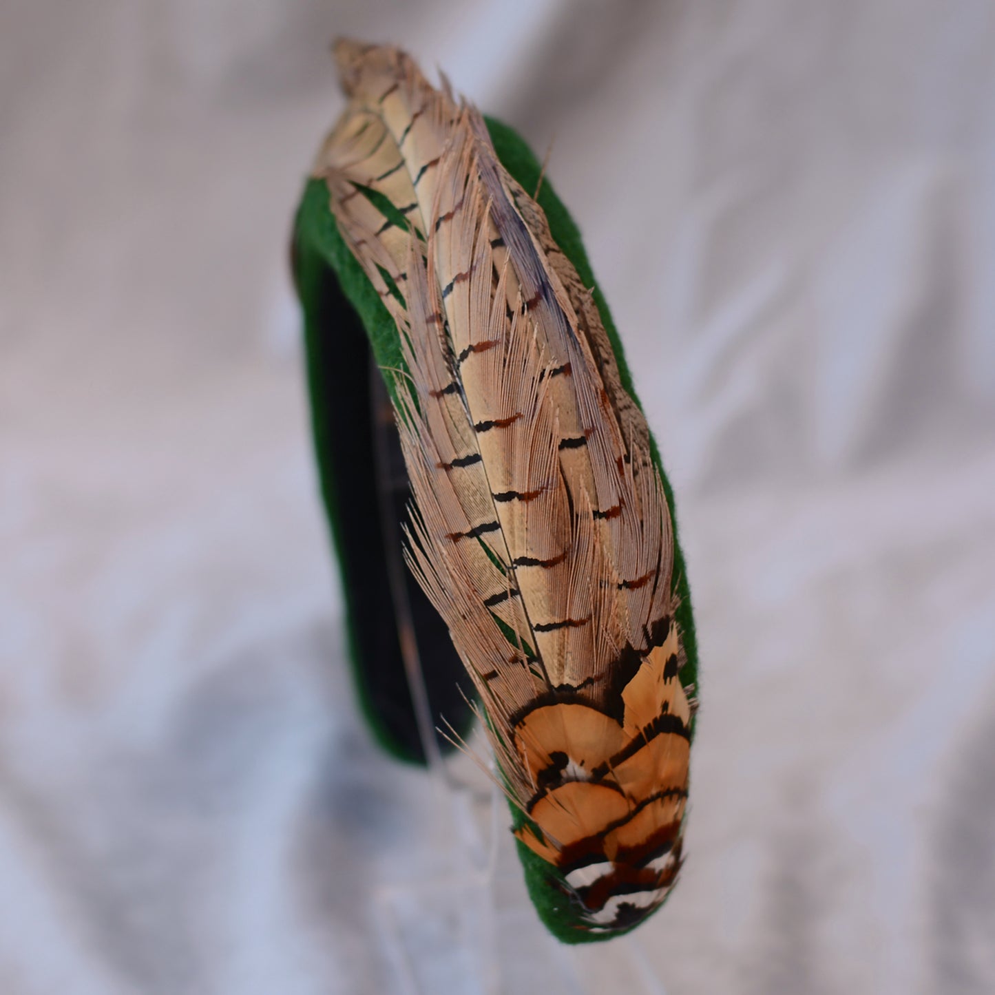 Pheasant Feather and Green Wool Bandeau Headband Fascinator
