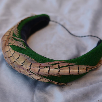 Pheasant Feather and Green Wool Bandeau Headband Fascinator