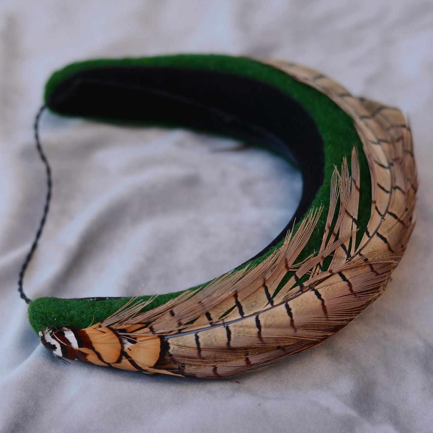 Pheasant Feather and Green Wool Bandeau Headband Fascinator