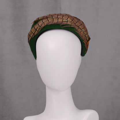 Pheasant Feather and Green Wool Bandeau Headband Fascinator