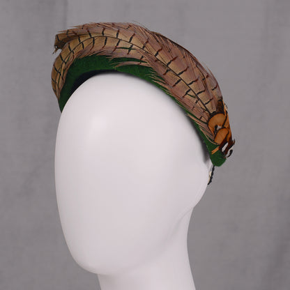 Pheasant Feather and Green Wool Bandeau Headband Fascinator