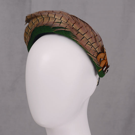 Pheasant Feather and Green Wool Bandeau Headband Fascinator