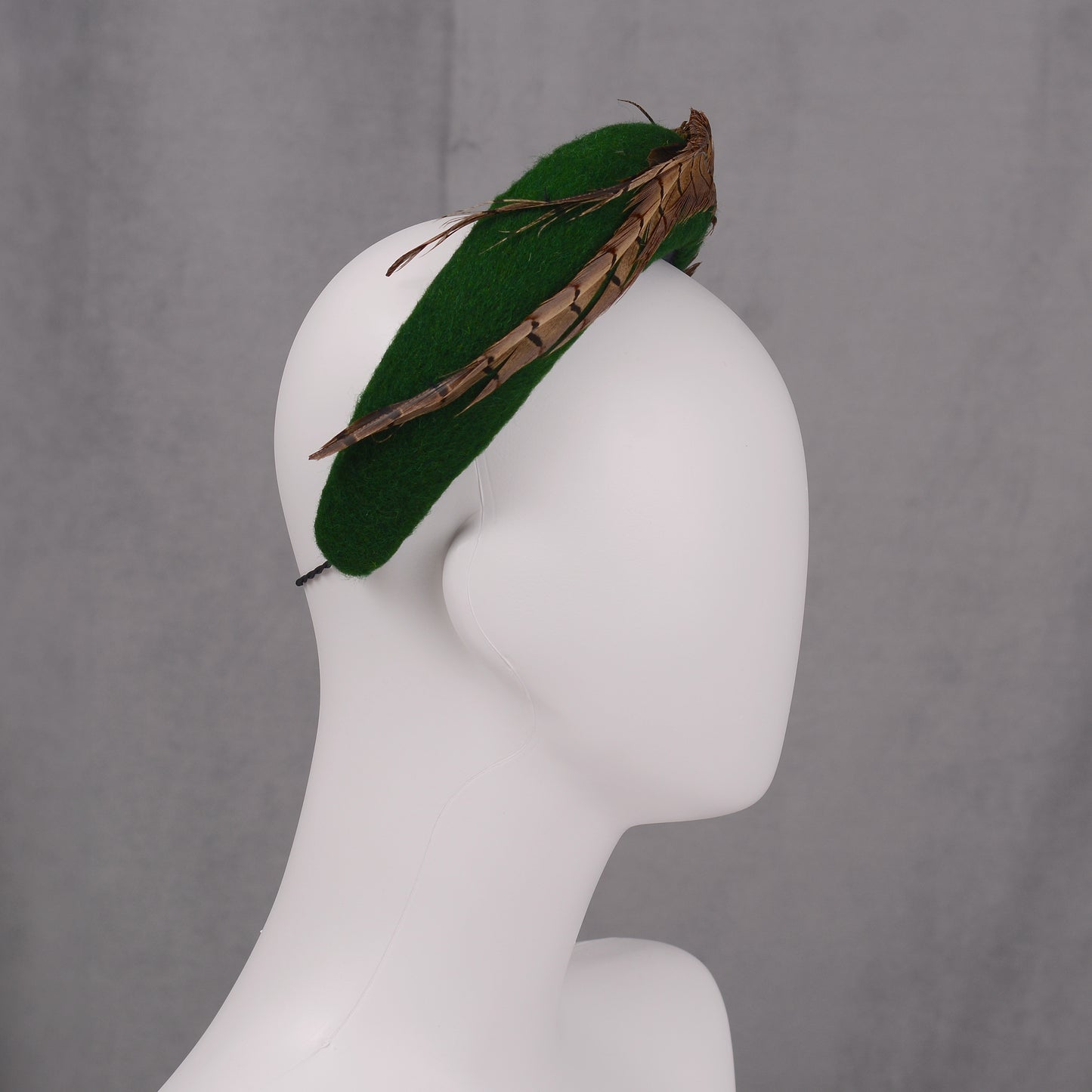 Pheasant Feather and Green Wool Bandeau Headband Fascinator