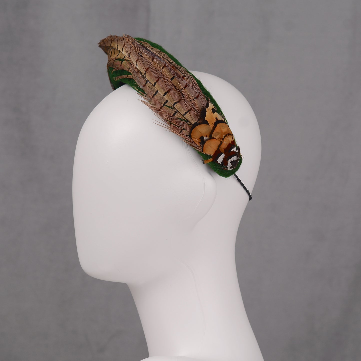 Pheasant Feather and Green Wool Bandeau Headband Fascinator