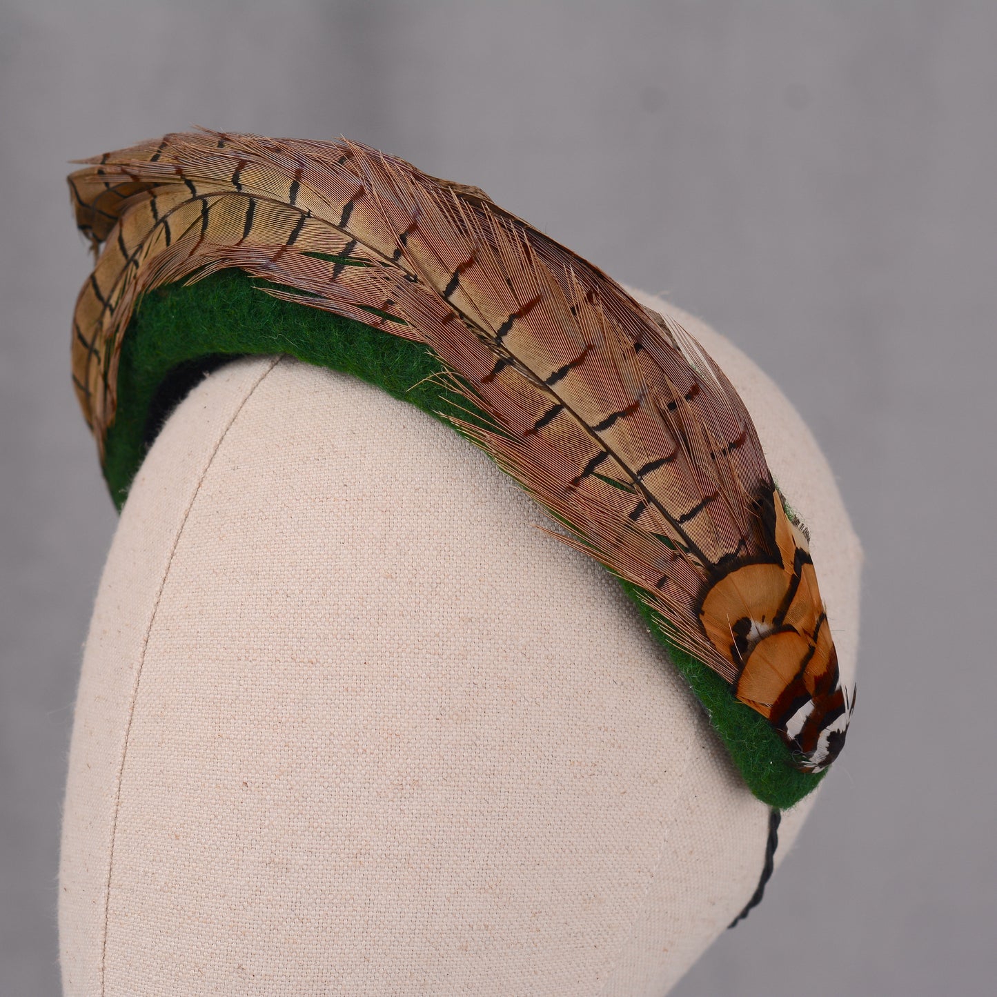 Pheasant Feather and Green Wool Bandeau Headband Fascinator
