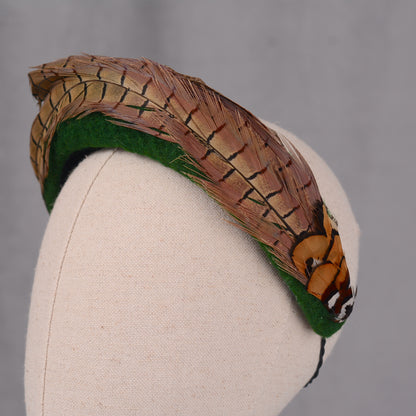 Pheasant Feather and Green Wool Bandeau Headband Fascinator