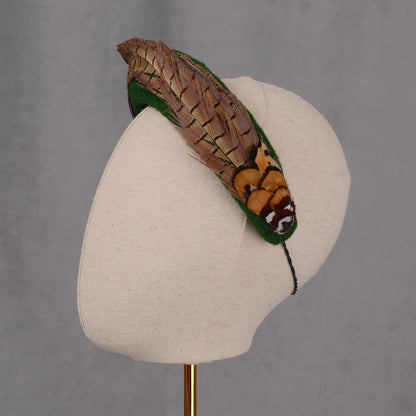 Pheasant Feather and Green Wool Bandeau Headband Fascinator