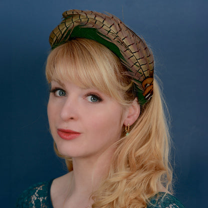 Pheasant Feather and Green Wool Bandeau Headband Fascinator