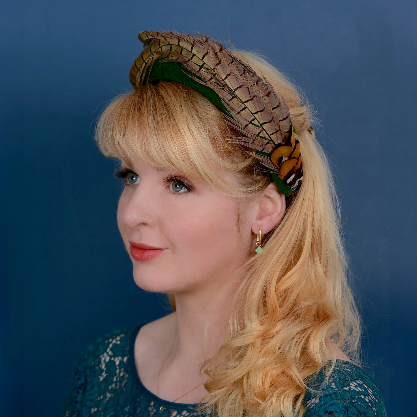 Pheasant Feather and Green Wool Bandeau Headband Fascinator