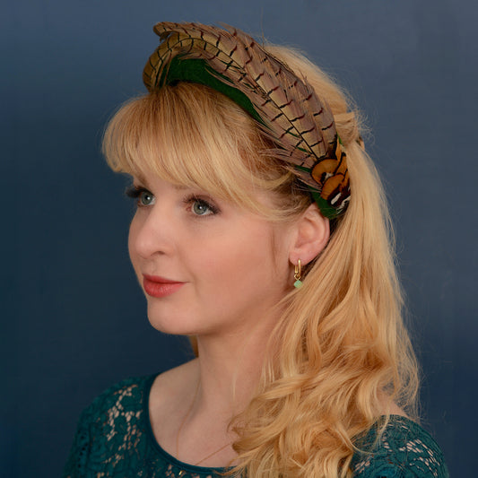 Pheasant Feather and Green Wool Bandeau Headband Fascinator