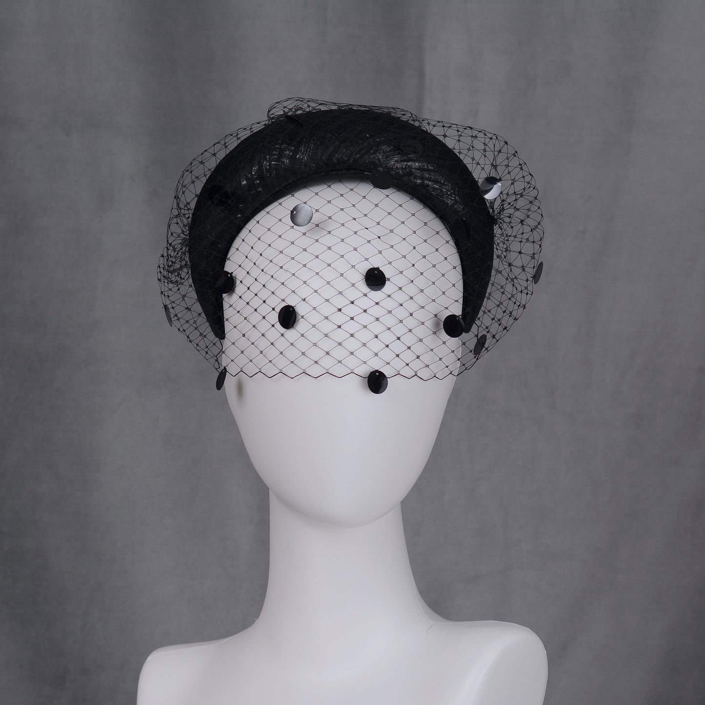 Black Headband Fascinator with Polka Dot Sequin Birdcage Veil