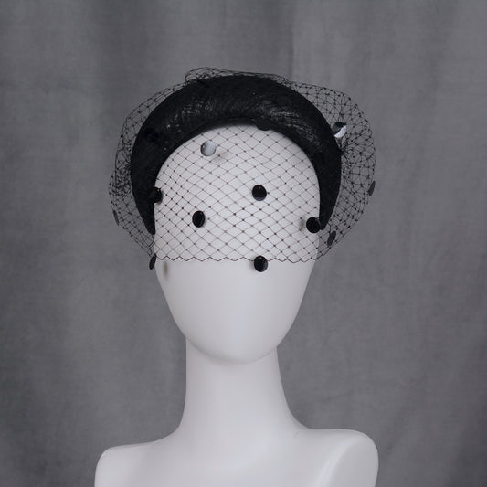 Black Headband Fascinator with Polka Dot Sequin Birdcage Veil