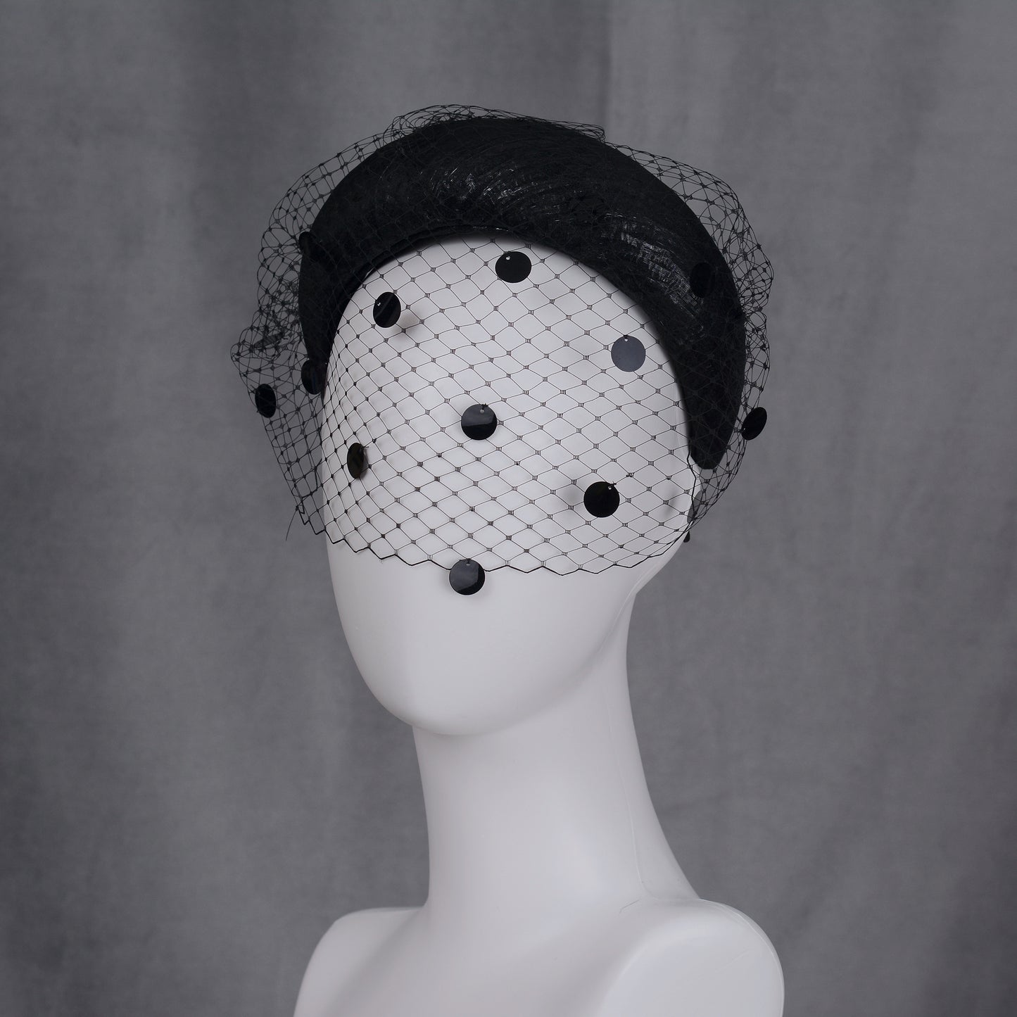 Black Headband Fascinator with Polka Dot Sequin Birdcage Veil