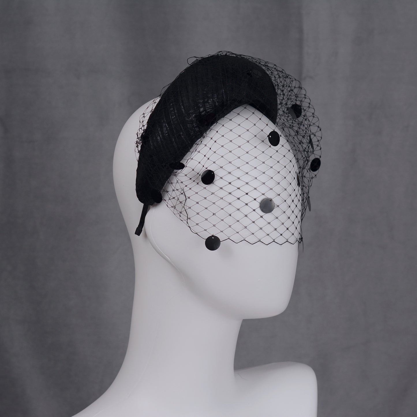 Black Headband Fascinator with Polka Dot Sequin Birdcage Veil