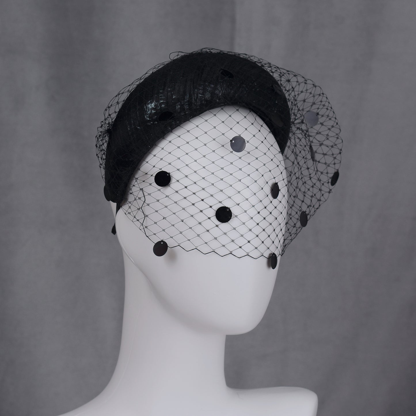 Black Headband Fascinator with Polka Dot Sequin Birdcage Veil
