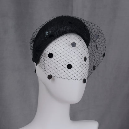 Black Headband Fascinator with Polka Dot Sequin Birdcage Veil