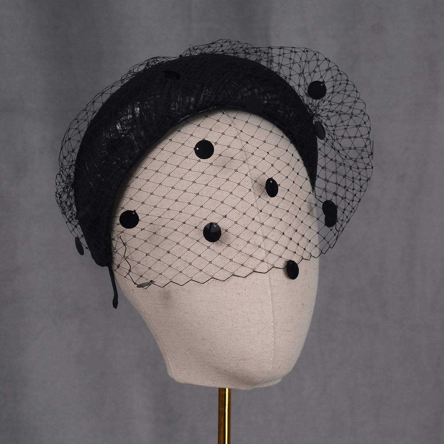 Black Headband Fascinator with Polka Dot Sequin Birdcage Veil