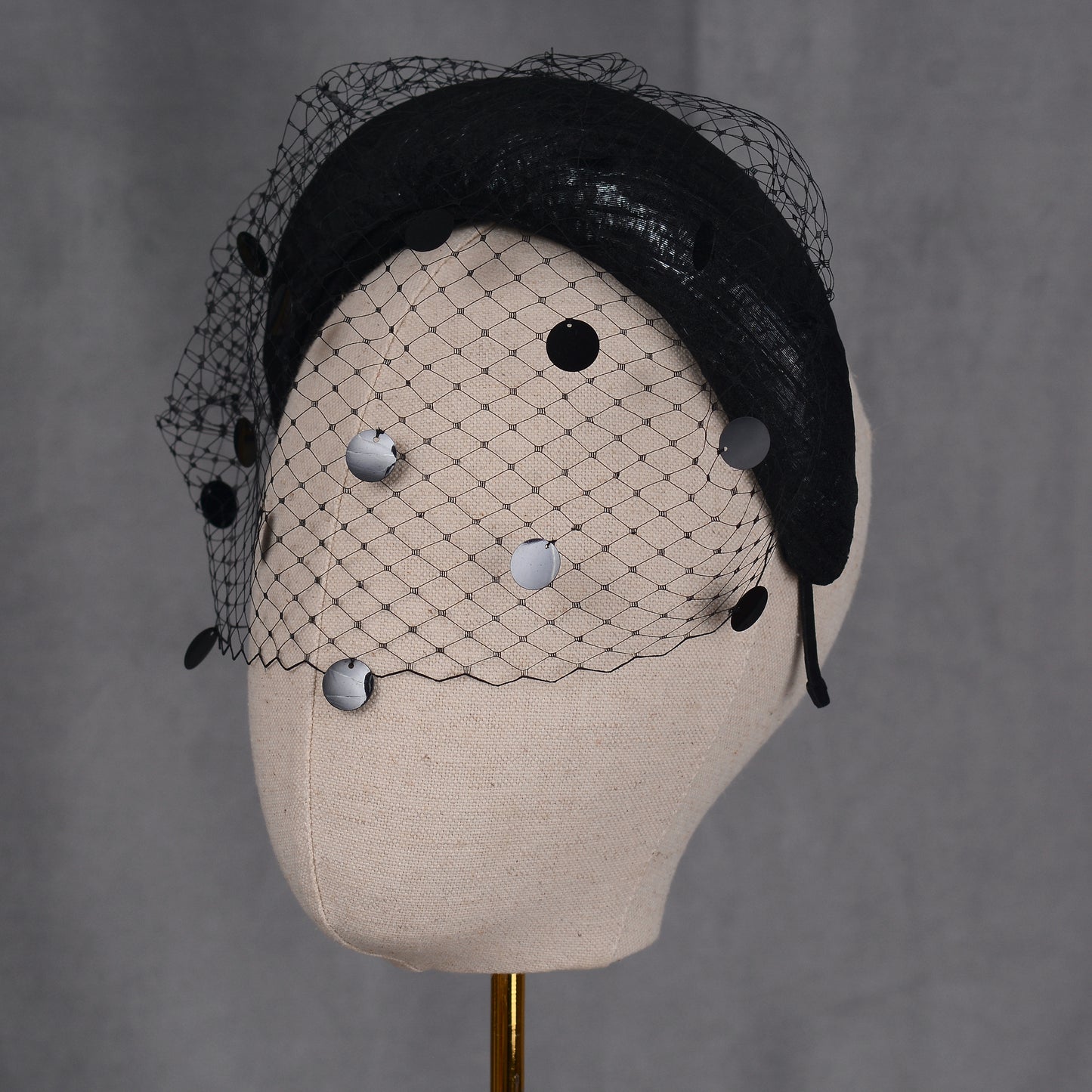 Black Headband Fascinator with Polka Dot Sequin Birdcage Veil