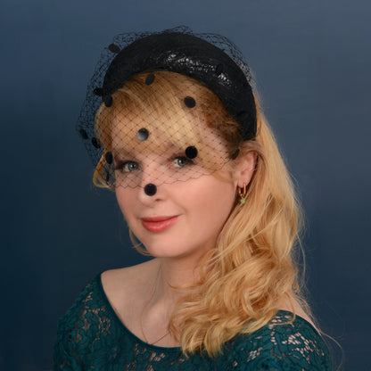Black Headband Fascinator with Polka Dot Sequin Birdcage Veil