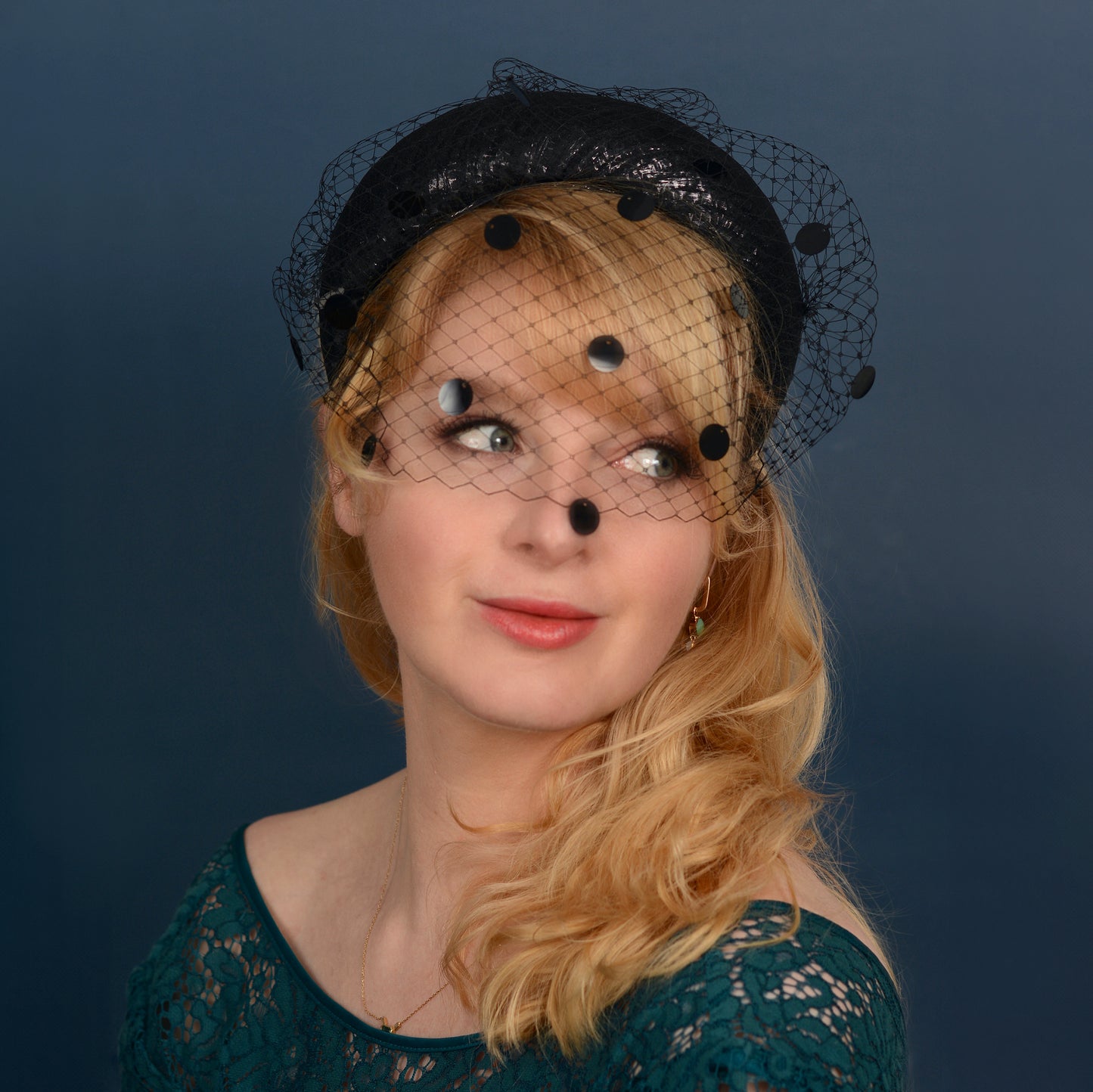 Black Headband Fascinator with Polka Dot Sequin Birdcage Veil